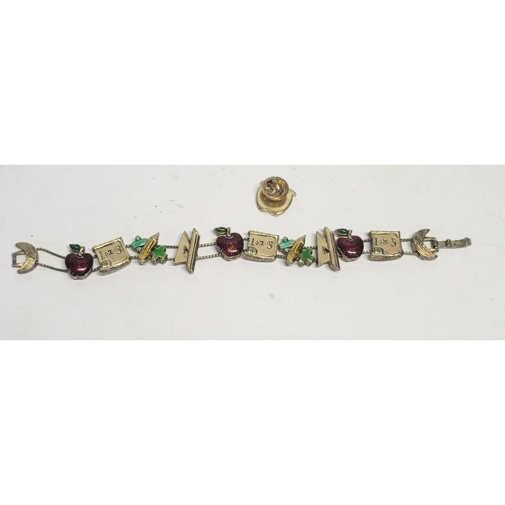Vtg Teacher Themed Apple Math School Supplies Charm Bracelet & Pin Set Gold Tone
